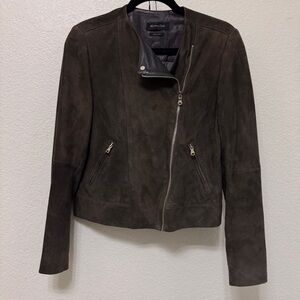 Massimo Dutti Dark Brown/Green Goat & Sheep Suede Leather Asymmetric Zip Jacket